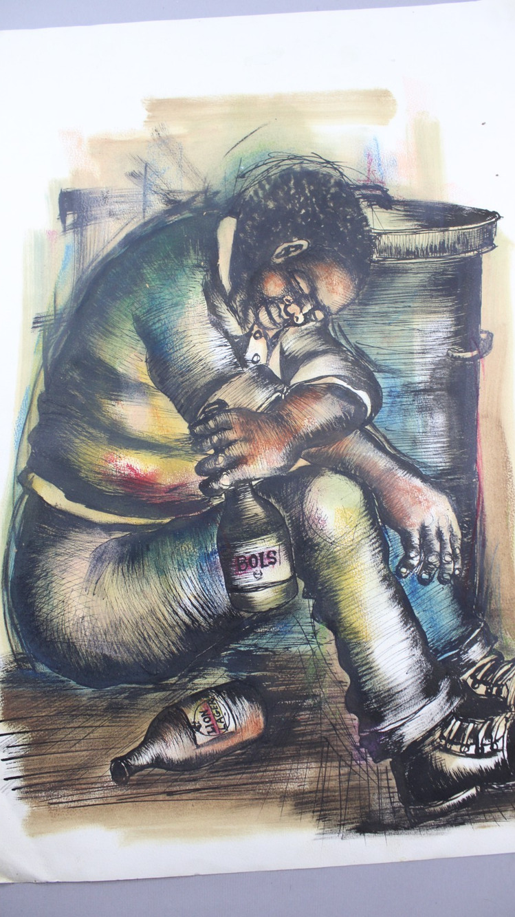 Original Mvemve Jiyane Mixed Media Painting 1983 South African Township Art
